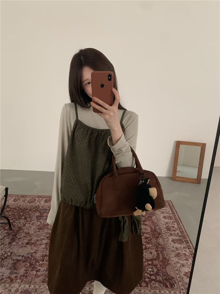 실사 도트 무늬 꽃밭 캐미솔 단색 긴팔 기본 셔츠 선물 스카프 3종 세트 이미지 4
