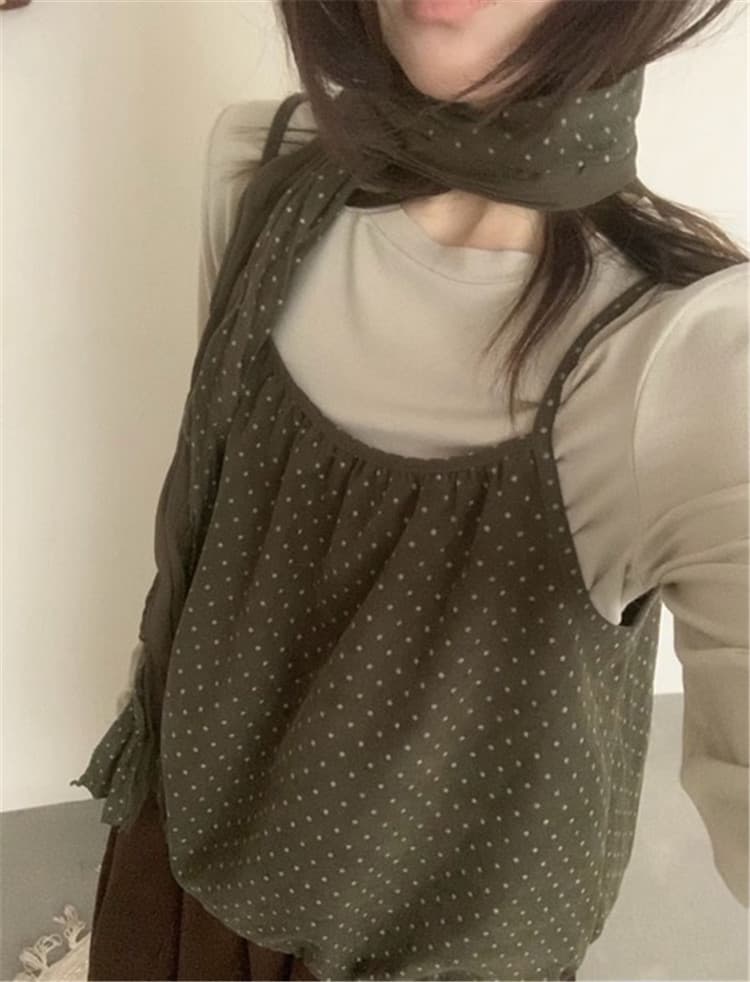 실사 도트 무늬 꽃밭 캐미솔 단색 긴팔 기본 셔츠 선물 스카프 3종 세트 상세 이미지 2