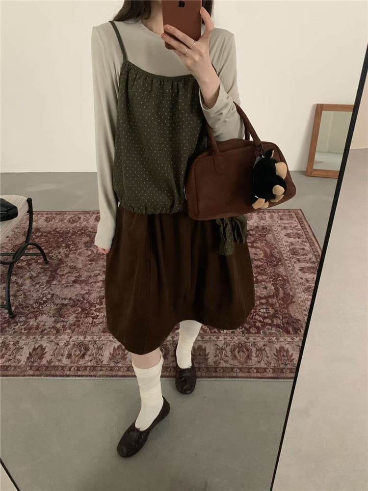 실사 도트 무늬 꽃밭 캐미솔 단색 긴팔 기본 셔츠 선물 스카프 3종 세트 상세 이미지 6
