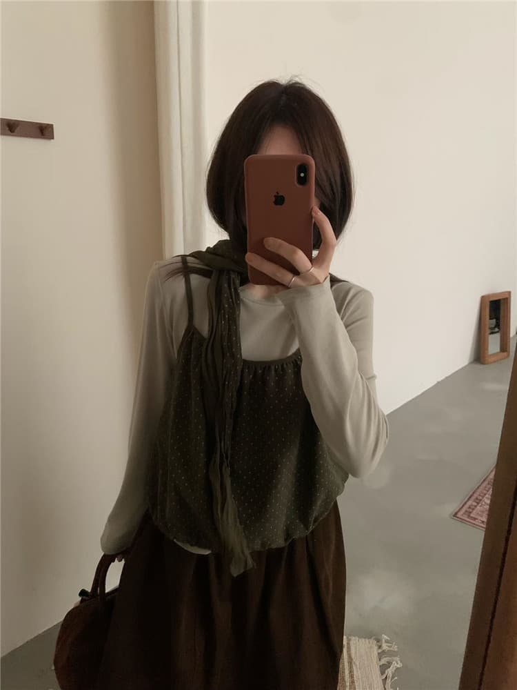 실사 도트 무늬 꽃밭 캐미솔 단색 긴팔 기본 셔츠 선물 스카프 3종 세트 상세 이미지 11