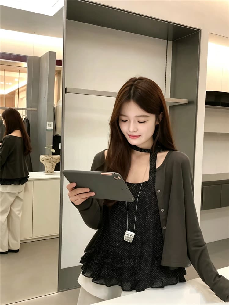 실사 분위기 센스 도트 무늬 슬립 긴팔 오픈 가디건 경기 리본 3종 세트 이미지 2
