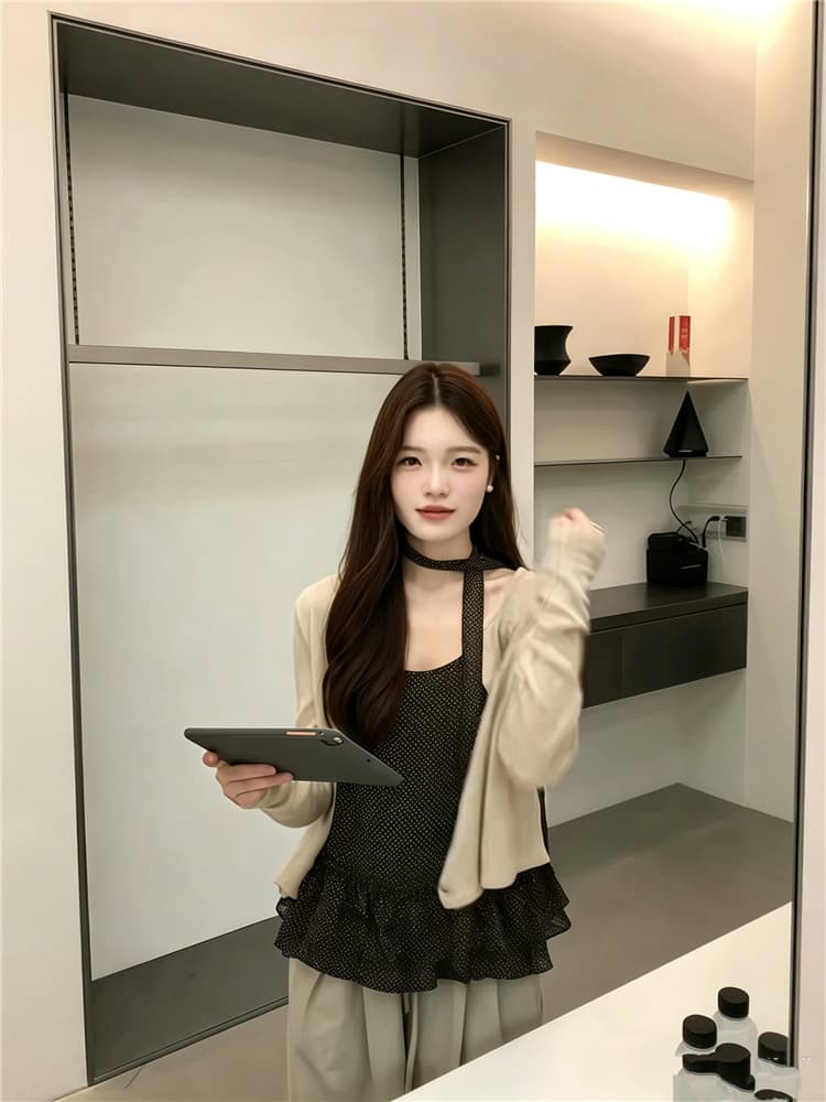 실사 분위기 센스 도트 무늬 슬립 긴팔 오픈 가디건 경기 리본 3종 세트