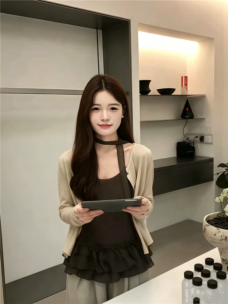 실사 분위기 센스 도트 무늬 슬립 긴팔 오픈 가디건 경기 리본 3종 세트 이미지 4