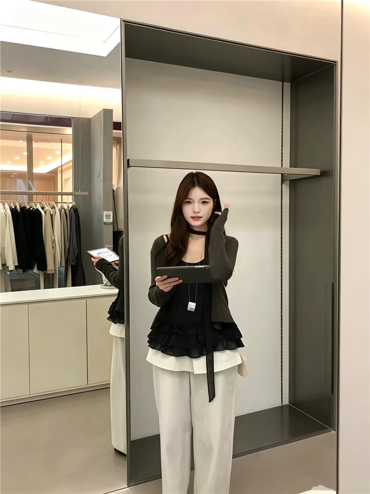 실사 분위기 센스 도트 무늬 슬립 긴팔 오픈 가디건 경기 리본 3종 세트 상세 이미지 6