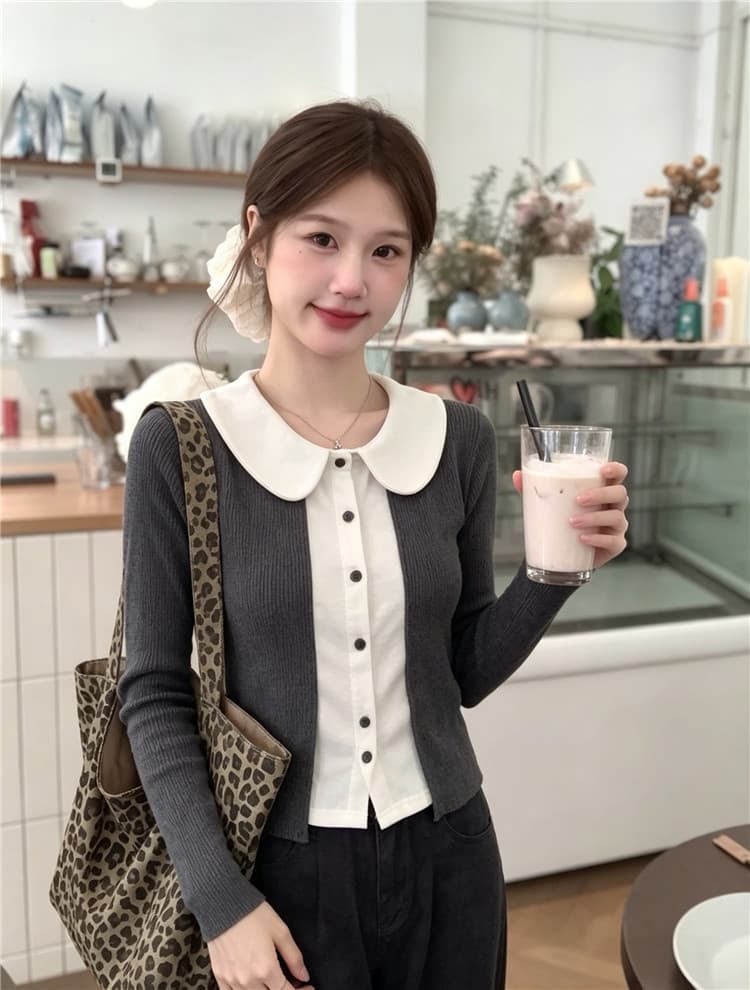 실사 한국 스타일 배색 베이비 칼라 미니멀리즘 페이크 레이어드 맨위
