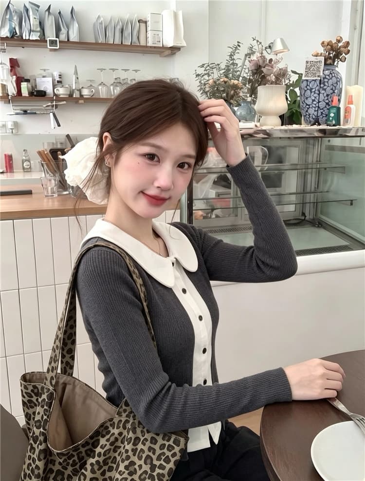 실사 한국 스타일 배색 베이비 칼라 미니멀리즘 페이크 레이어드 맨위 상세 이미지 1