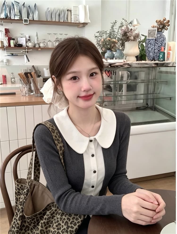 실사 한국 스타일 배색 베이비 칼라 미니멀리즘 페이크 레이어드 맨위 상세 이미지 3