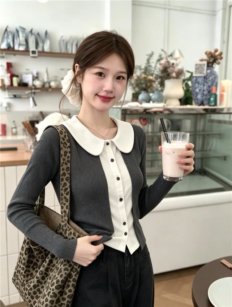 실사 한국 스타일 배색 베이비 칼라 미니멀리즘 페이크 레이어드 맨위 상세 이미지 6