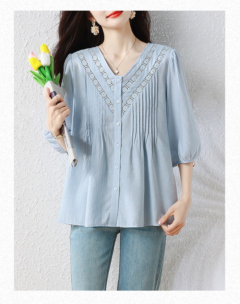 l-5xl 빅 사이즈 여성 의류 2026 여름 V넥 플리츠 쉬폰 블라우스 표지 고기 슬림해 보이는 루즈핏 반팔 셔츠 맨위 상세 이미지 10