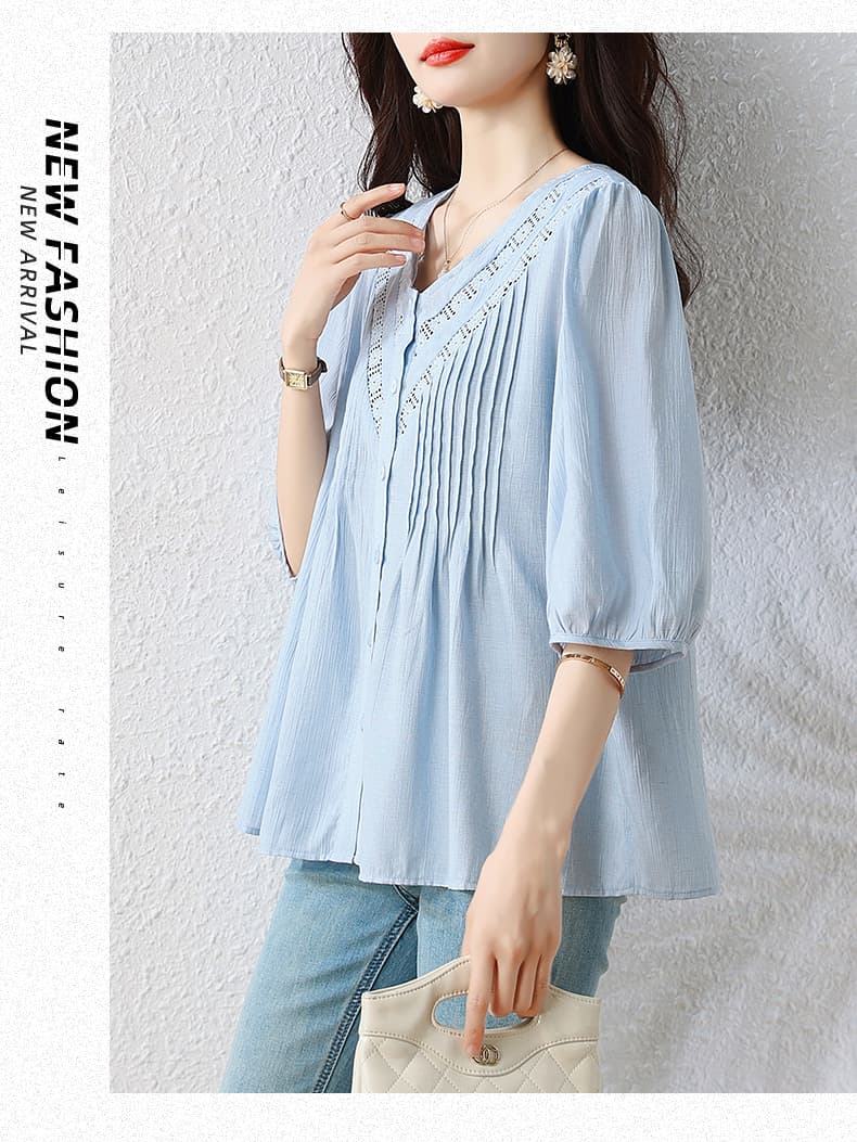 l-5xl 빅 사이즈 여성 의류 2026 여름 V넥 플리츠 쉬폰 블라우스 표지 고기 슬림해 보이는 루즈핏 반팔 셔츠 맨위 상세 이미지 14
