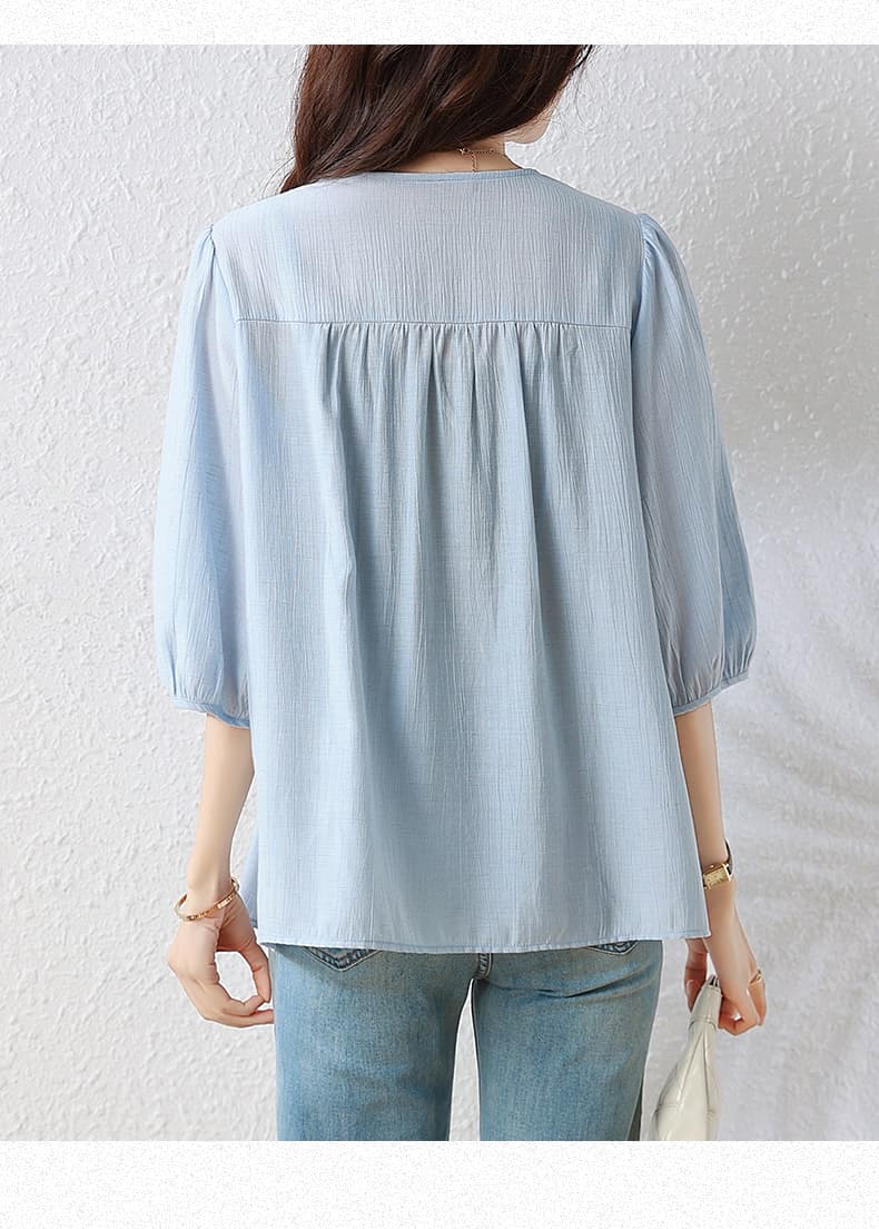 l-5xl 빅 사이즈 여성 의류 2026 여름 V넥 플리츠 쉬폰 블라우스 표지 고기 슬림해 보이는 루즈핏 반팔 셔츠 맨위 상세 이미지 16