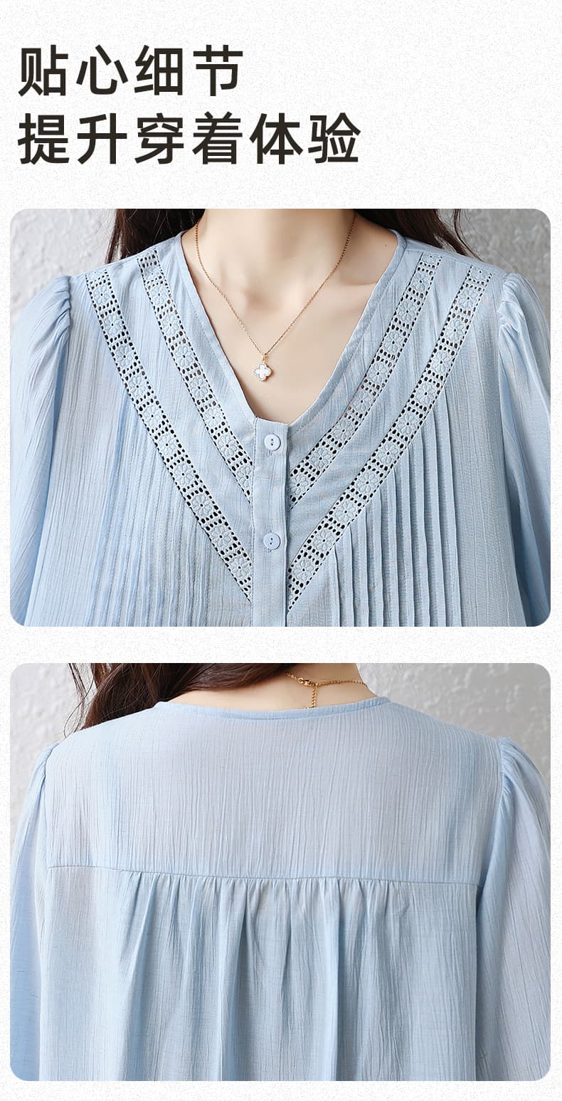 l-5xl 빅 사이즈 여성 의류 2026 여름 V넥 플리츠 쉬폰 블라우스 표지 고기 슬림해 보이는 루즈핏 반팔 셔츠 맨위 상세 이미지 17
