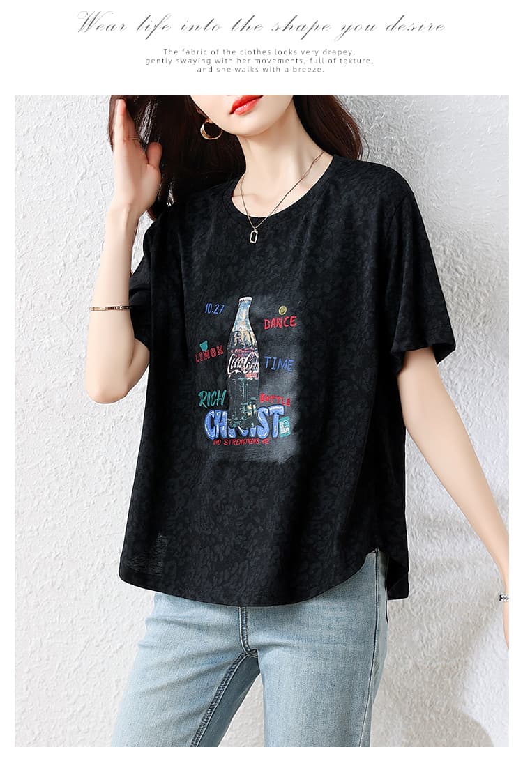 l-5xl 여름 새로운 여성 루즈핏 빅 사이즈 반팔 티셔츠 홀치기 염색 음료 병 프린트 라운드 넥 맨위 상세 이미지 12