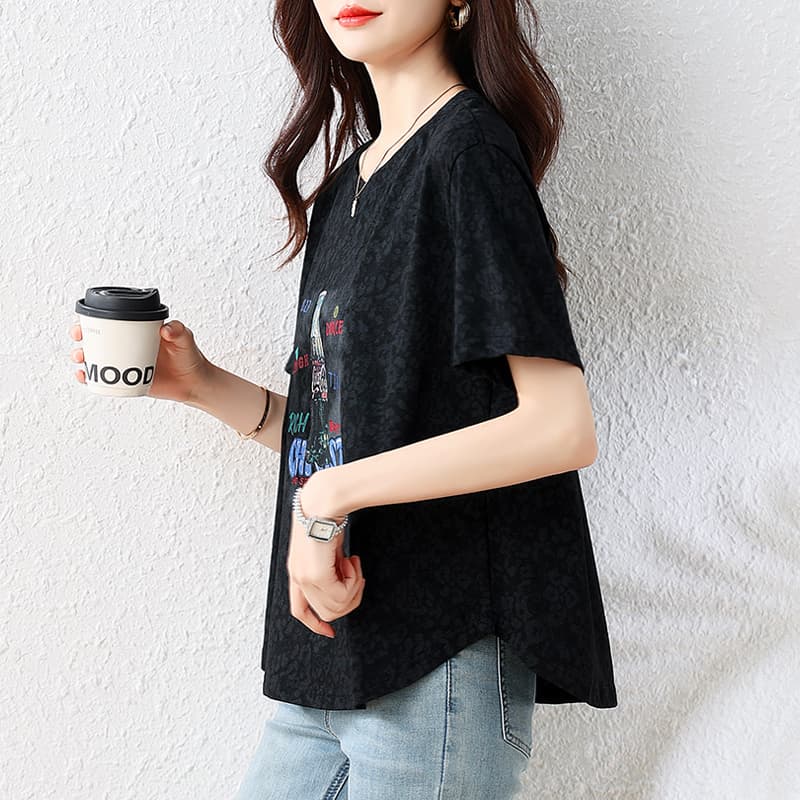 l-5xl 여름 새로운 여성 루즈핏 빅 사이즈 반팔 티셔츠 홀치기 염색 음료 병 프린트 라운드 넥 맨위 이미지 4