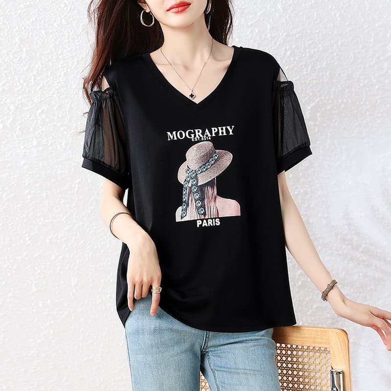 l-5xl 빅 사이즈 여성 의류 티셔츠 V넥 망사 패치워크 패션 루즈핏 지방 mm 슬림해 보이는 표지 고기 통통한 여동생 여름 이미지 2