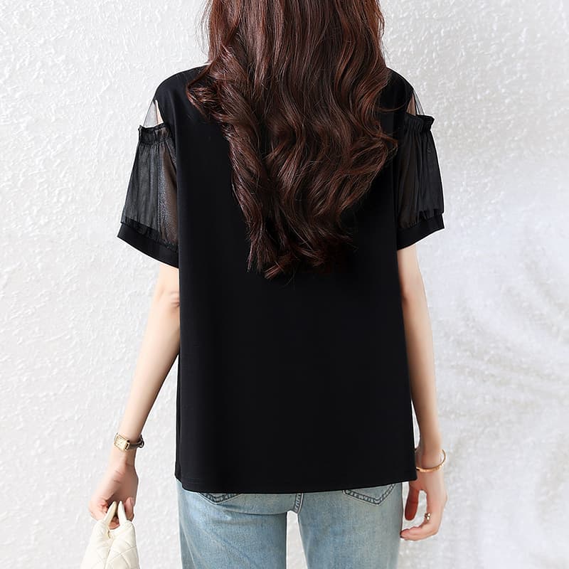 l-5xl 빅 사이즈 여성 의류 티셔츠 V넥 망사 패치워크 패션 루즈핏 지방 mm 슬림해 보이는 표지 고기 통통한 여동생 여름 이미지 5