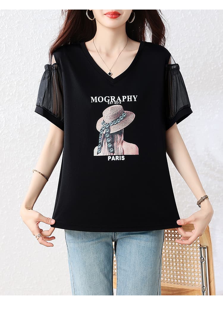l-5xl 빅 사이즈 여성 의류 티셔츠 V넥 망사 패치워크 패션 루즈핏 지방 mm 슬림해 보이는 표지 고기 통통한 여동생 여름 상세 이미지 15