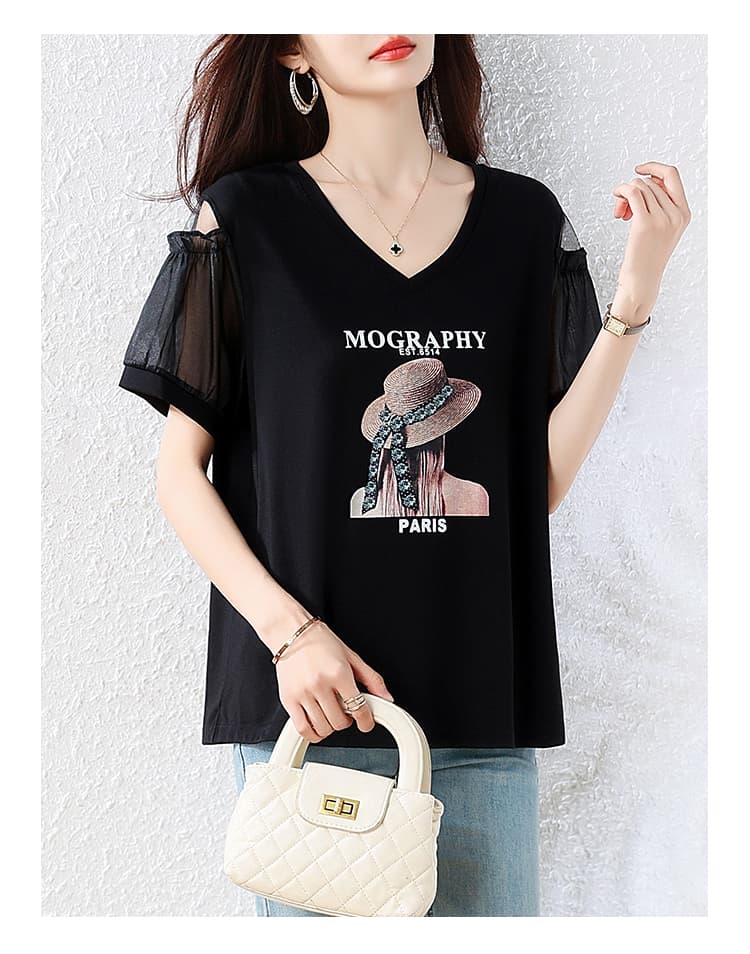 l-5xl 빅 사이즈 여성 의류 티셔츠 V넥 망사 패치워크 패션 루즈핏 지방 mm 슬림해 보이는 표지 고기 통통한 여동생 여름 상세 이미지 18