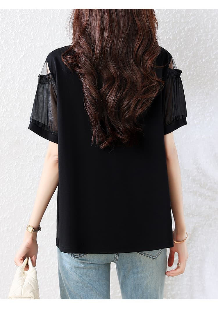 l-5xl 빅 사이즈 여성 의류 티셔츠 V넥 망사 패치워크 패션 루즈핏 지방 mm 슬림해 보이는 표지 고기 통통한 여동생 여름 상세 이미지 20