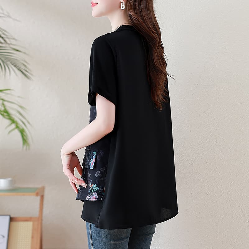 l-5xl 국풍 새로운 중식 2026 페이크 레이어드 반팔 티셔츠 여성 여름 지방 mm 루즈핏 슬림해 보이는 표지 엉덩이 맨위 이미지 5