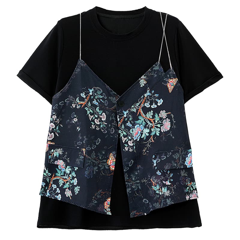 l-5xl 국풍 새로운 중식 2026 페이크 레이어드 반팔 티셔츠 여성 여름 지방 mm 루즈핏 슬림해 보이는 표지 엉덩이 맨위 이미지 6
