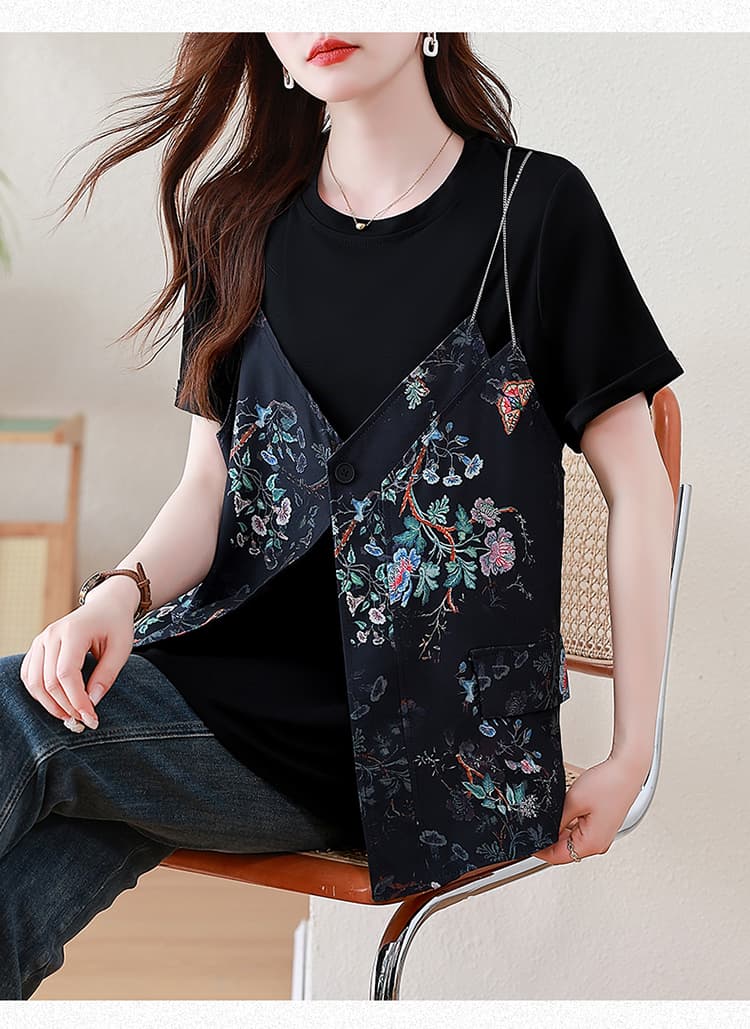 l-5xl 국풍 새로운 중식 2026 페이크 레이어드 반팔 티셔츠 여성 여름 지방 mm 루즈핏 슬림해 보이는 표지 엉덩이 맨위 상세 이미지 11