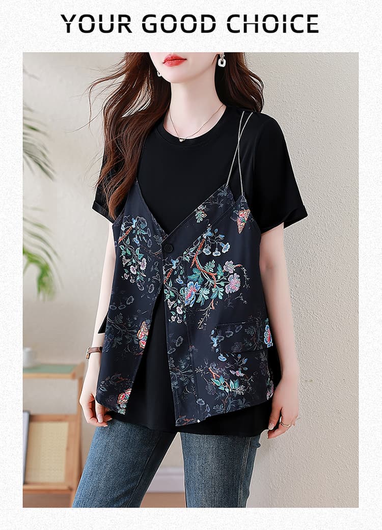 l-5xl 국풍 새로운 중식 2026 페이크 레이어드 반팔 티셔츠 여성 여름 지방 mm 루즈핏 슬림해 보이는 표지 엉덩이 맨위 상세 이미지 12