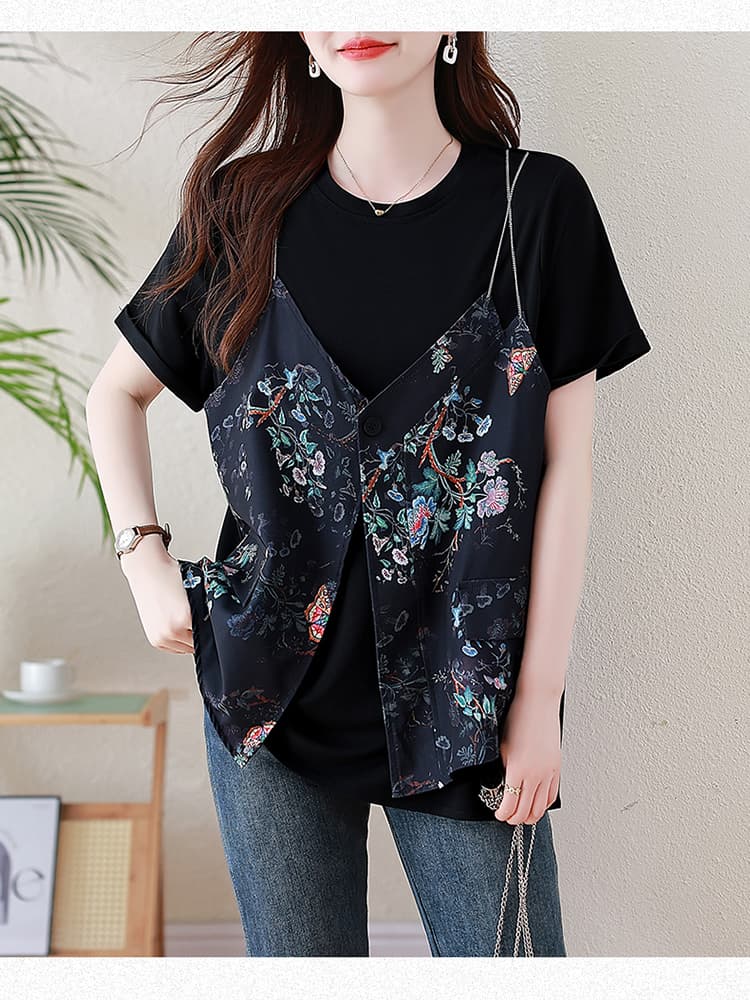 l-5xl 국풍 새로운 중식 2026 페이크 레이어드 반팔 티셔츠 여성 여름 지방 mm 루즈핏 슬림해 보이는 표지 엉덩이 맨위 상세 이미지 13