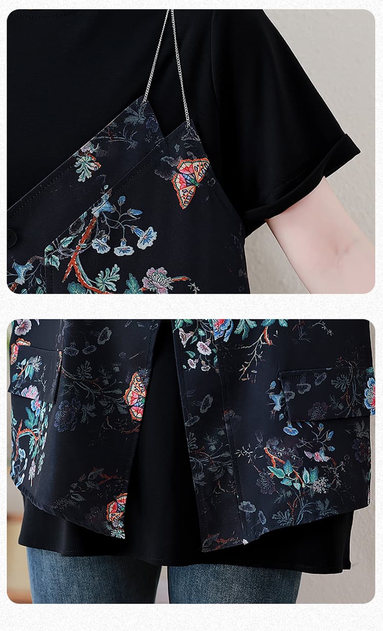 l-5xl 국풍 새로운 중식 2026 페이크 레이어드 반팔 티셔츠 여성 여름 지방 mm 루즈핏 슬림해 보이는 표지 엉덩이 맨위 상세 이미지 18