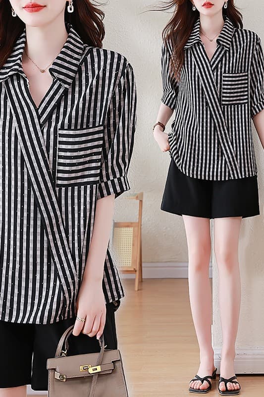 l-5xl 체크무늬 스트라이프 반팔 여성 셔츠 지방 mm 2026 새로운 여름 새로운 루즈핏 슬림해 보이는 표지 고기 맨위 이미지 7
