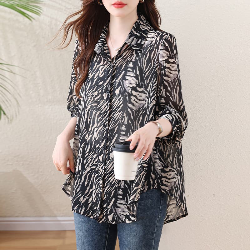 l-5xl 실사 빅 사이즈 품격 유럽 상품 긴팔 자외선 차단 셔츠 익스트림 제인 바람 얼룩말 곡물 디자인 센스 루즈핏 표지 고기 이미지 3