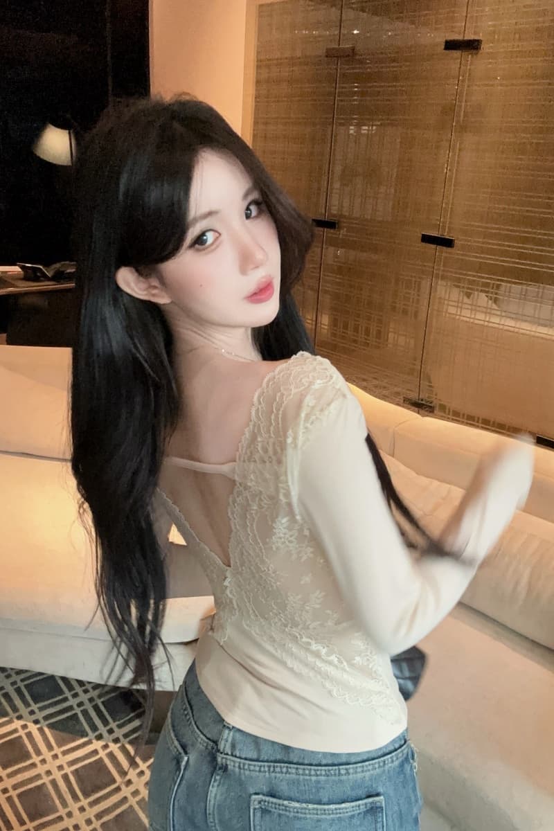 실사 정가 레이스 조각 아름다움 뒤로 긴 소매 티셔츠 여성 겨울 순수한 욕망 바람 몸매 가꾸기 인사이드 가져 가라. 핫걸 섹시함 맨위 이미지 4