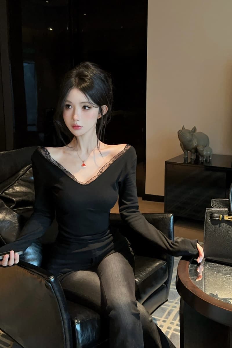 실사 정가 레이스 조각 아름다움 뒤로 긴 소매 티셔츠 여성 겨울 순수한 욕망 바람 몸매 가꾸기 인사이드 가져 가라. 핫걸 섹시함 맨위 상세 이미지 8