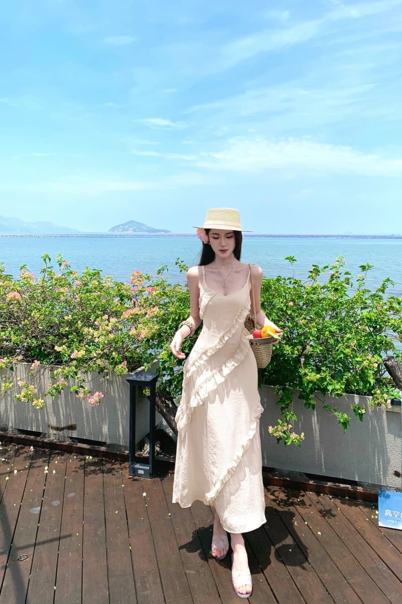 실사 정가 여름 낭만주의 V넥 프릴 드레스 해변가 휴가 바람 품격 롱 스커트 분위기 센스 상세 이미지 15
