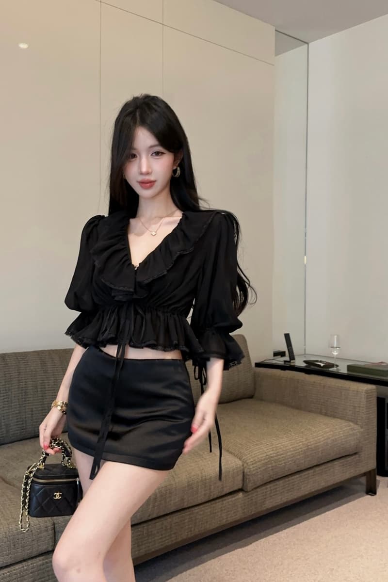 실사 정가 프랑스식 새로운 레이스 측면 얇은 스타일 패션 셔츠 검정색 실크 얼굴 반신 스커트 타이트 스커트 미니 스커트 이미지 3