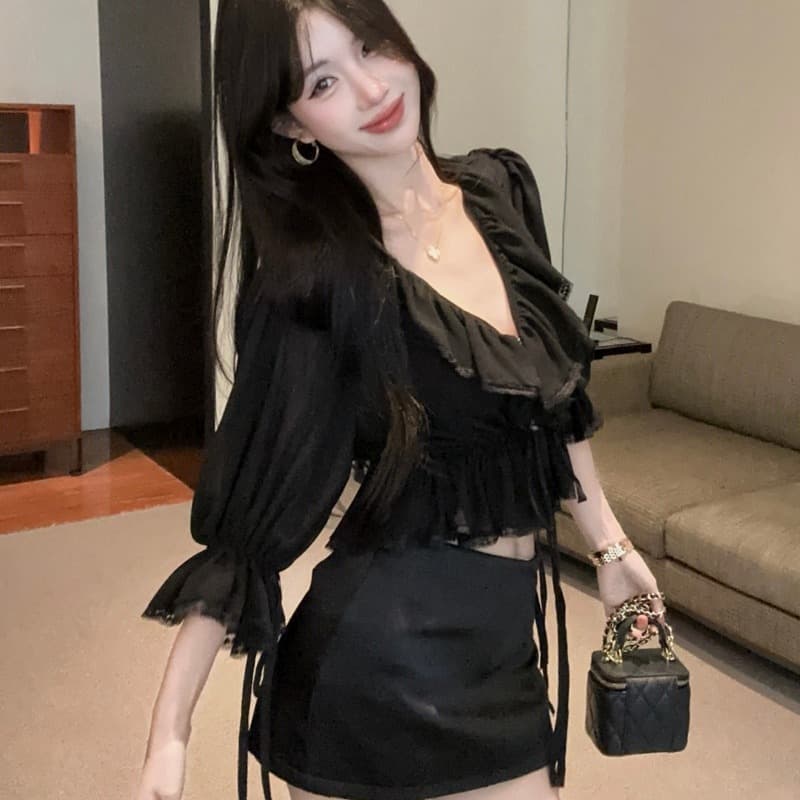 실사 정가 프랑스식 새로운 레이스 측면 얇은 스타일 패션 셔츠 검정색 실크 얼굴 반신 스커트 타이트 스커트 미니 스커트 이미지 5