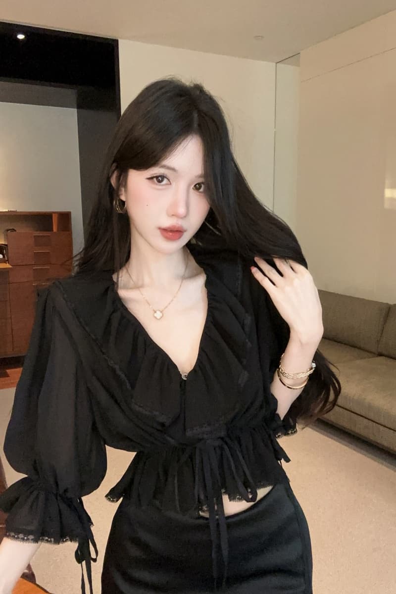 실사 정가 프랑스식 새로운 레이스 측면 얇은 스타일 패션 셔츠 검정색 실크 얼굴 반신 스커트 타이트 스커트 미니 스커트 상세 이미지 3