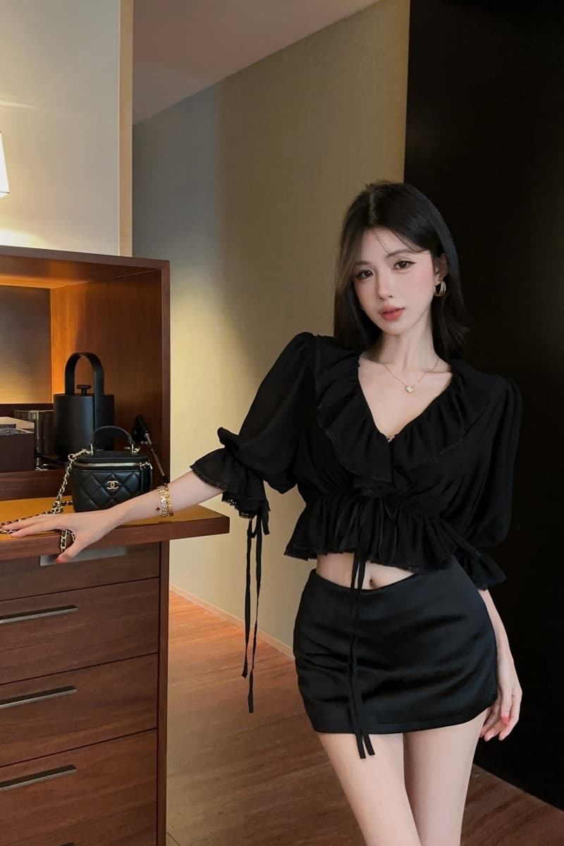실사 정가 프랑스식 새로운 레이스 측면 얇은 스타일 패션 셔츠 검정색 실크 얼굴 반신 스커트 타이트 스커트 미니 스커트 상세 이미지 5
