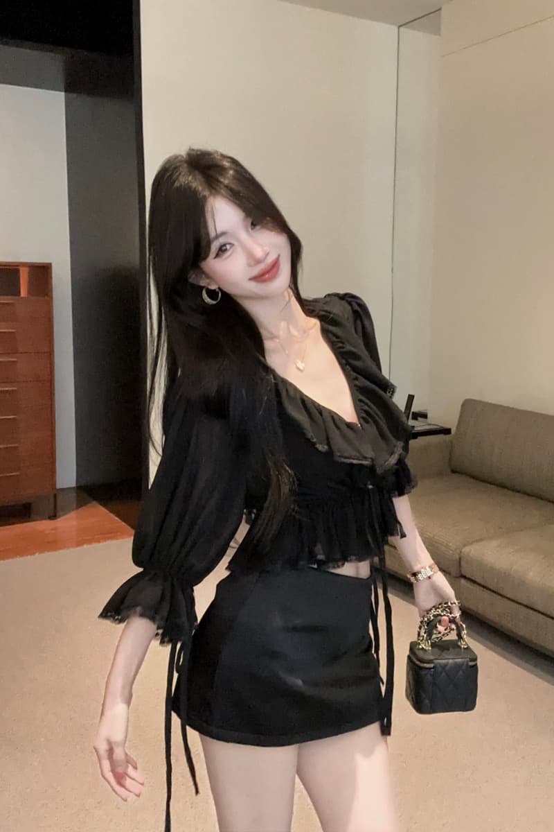 실사 정가 프랑스식 새로운 레이스 측면 얇은 스타일 패션 셔츠 검정색 실크 얼굴 반신 스커트 타이트 스커트 미니 스커트 상세 이미지 6