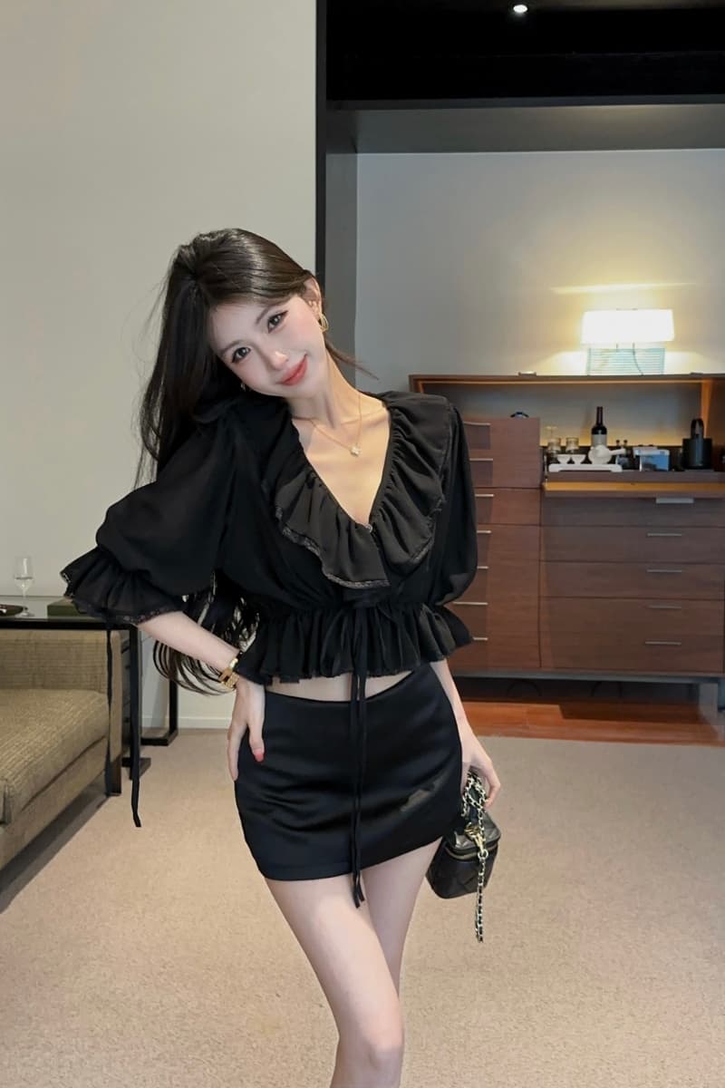 실사 정가 프랑스식 새로운 레이스 측면 얇은 스타일 패션 셔츠 검정색 실크 얼굴 반신 스커트 타이트 스커트 미니 스커트 상세 이미지 9