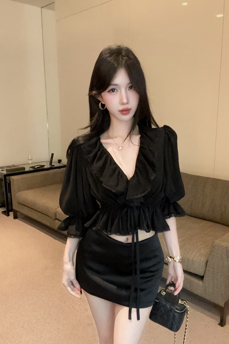 실사 정가 프랑스식 새로운 레이스 측면 얇은 스타일 패션 셔츠 검정색 실크 얼굴 반신 스커트 타이트 스커트 미니 스커트 상세 이미지 10