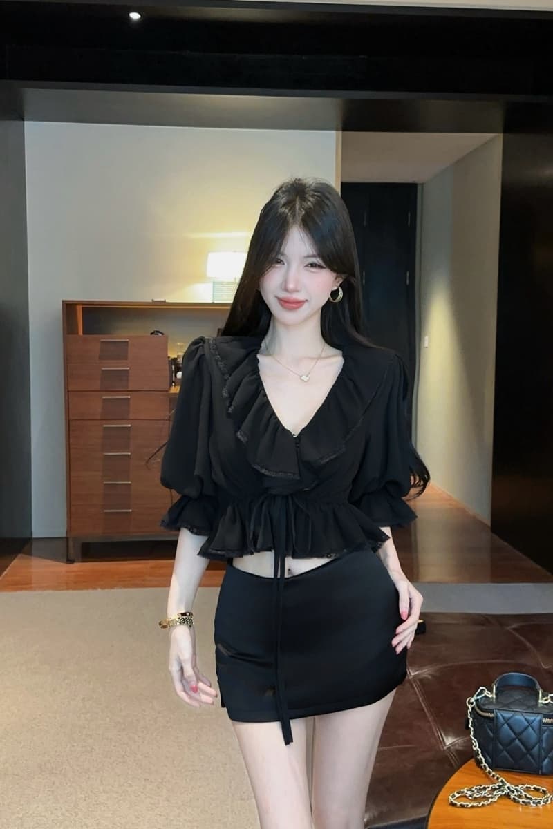 실사 정가 프랑스식 새로운 레이스 측면 얇은 스타일 패션 셔츠 검정색 실크 얼굴 반신 스커트 타이트 스커트 미니 스커트 상세 이미지 12