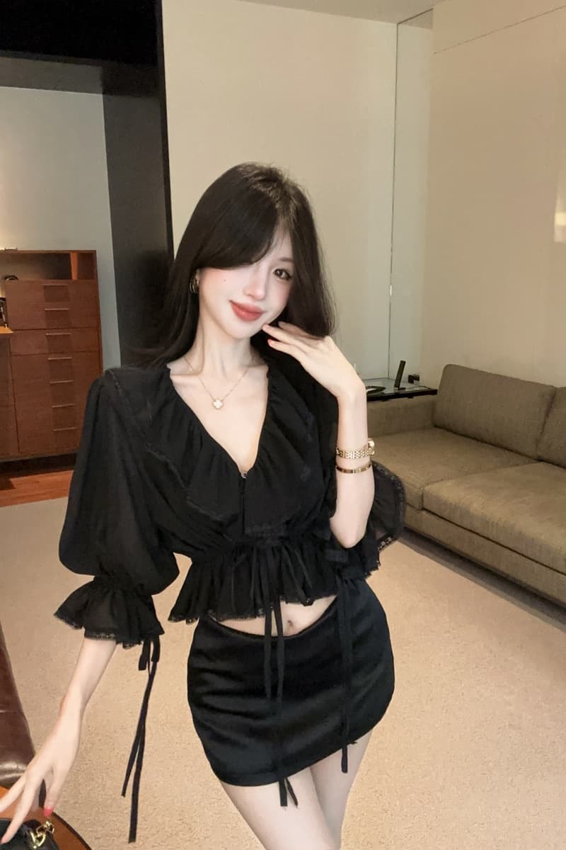 실사 정가 프랑스식 새로운 레이스 측면 얇은 스타일 패션 셔츠 검정색 실크 얼굴 반신 스커트 타이트 스커트 미니 스커트 상세 이미지 13
