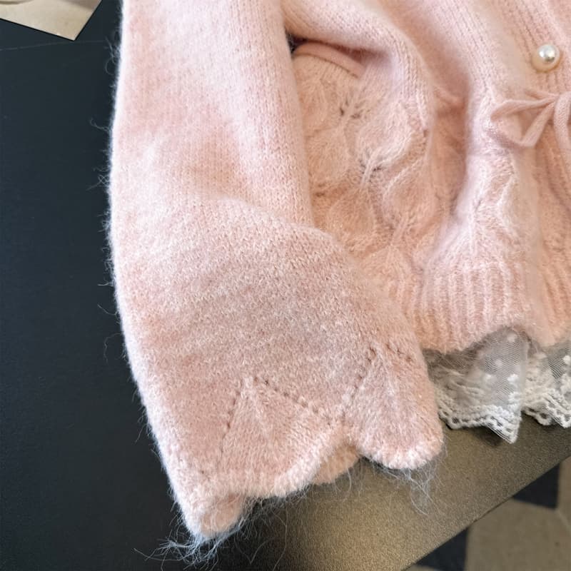 실사 빅 사이즈 무거운 작업 비즈 박기 홀로우 아웃 레이스 조각 니트 진주 버클 슬림해 보이는 따뜻한 부드럽다 찹쌀 오픈 가디건 스웨터 상세 이미지 14