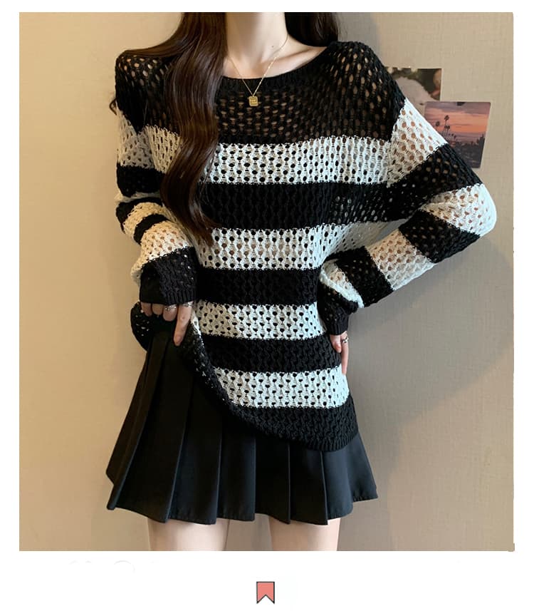 실사 빅 사이즈 이른 가을 슬림해 보이는 새로운 고급 센스 패션 연령 감소 루즈핏 홀로우 아웃 스트라이프 니트 맨위 상세 이미지 2