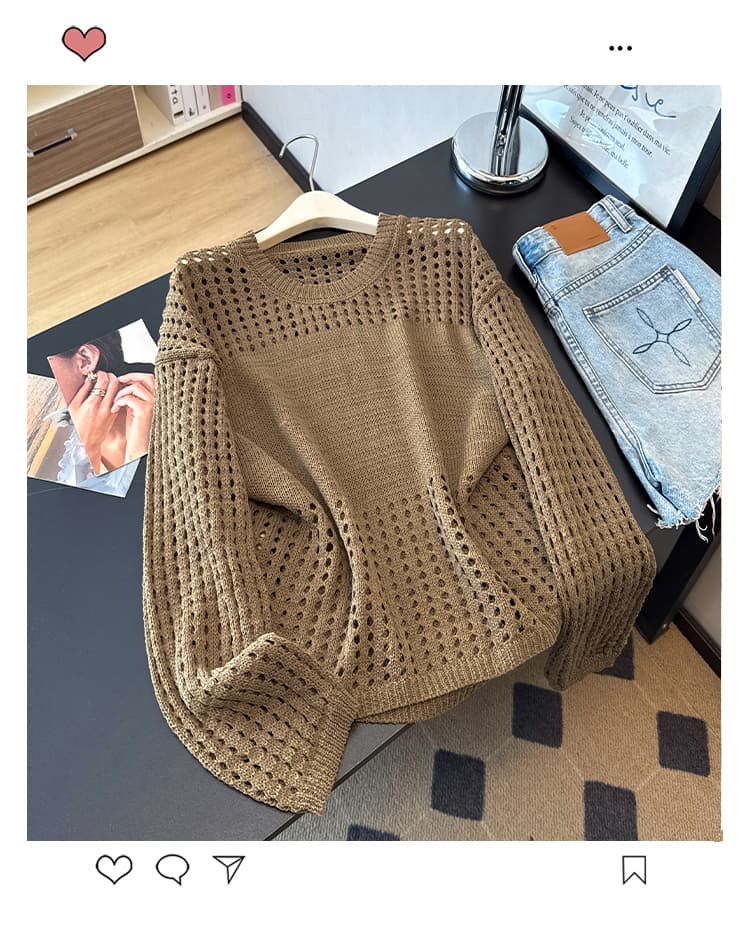 실사 빅 사이즈 외국 가스 슬림해 보이는 봄 여름 새로운 고급 센스 패션 연령 감소 루즈핏 홀로우 아웃 긴팔 니트 맨위 여성 상세 이미지 21