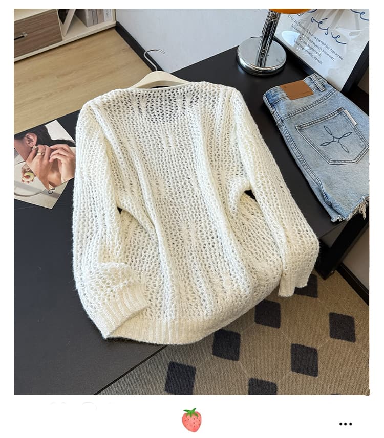 실사 빅 사이즈 봄 여름 한 스타일 달콤함 홀로우 아웃 니트 스웨터 외국 가스 연령 감소 자수 루즈핏 슬림해 보이는 풀오버 맨위 상세 이미지 8