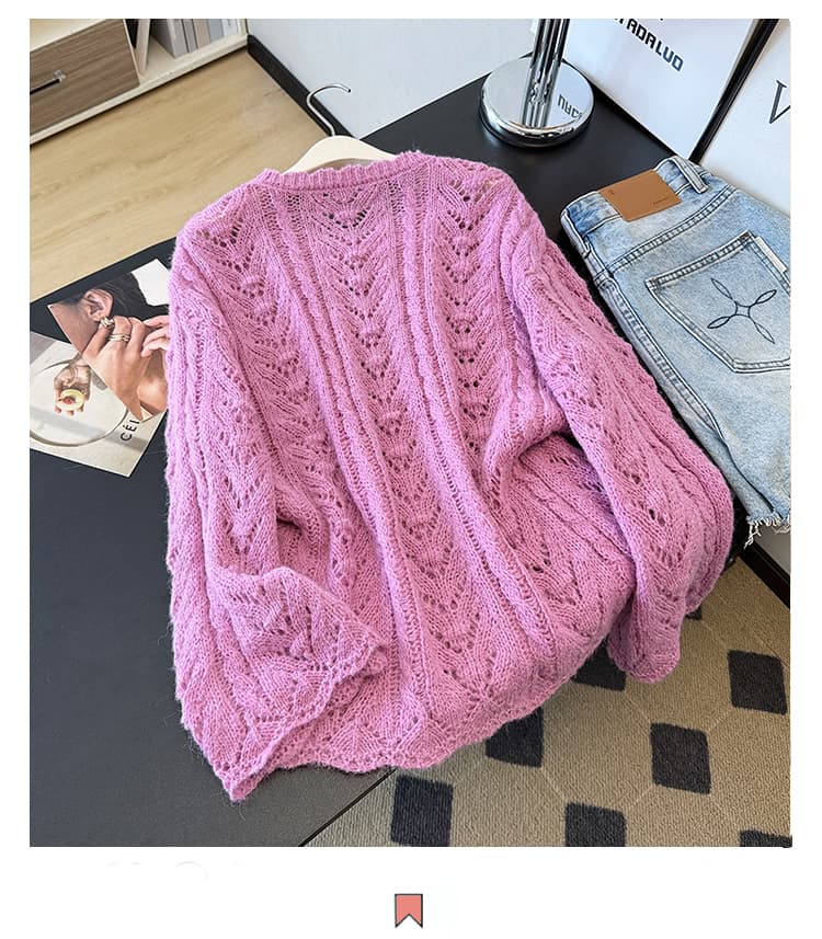실사 빅 사이즈 이른 가을 느긋한 바람 홀로우 아웃 자수 루즈핏 외국 가스 슬림해 보이는 패션 연령 감소 긴팔 니트 맨위 여성 상세 이미지 13