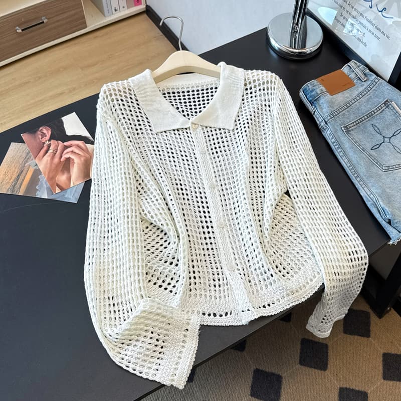 실사 빅 사이즈 봄 여름 새로운 홀로우 아웃 POLO 칼라 느긋한 아름다운 니트 다용도 지방 mm 맨위 에어컨 오픈 가디건 여성 이미지 6
