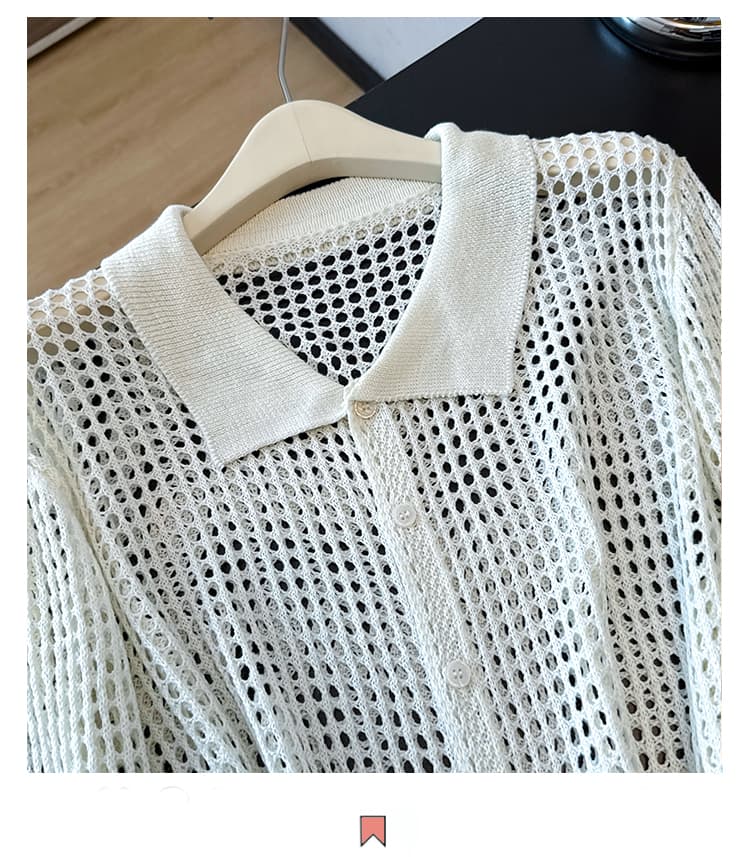 실사 빅 사이즈 봄 여름 새로운 홀로우 아웃 POLO 칼라 느긋한 아름다운 니트 다용도 지방 mm 맨위 에어컨 오픈 가디건 여성 상세 이미지 2